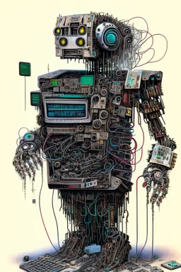 Artwork entitled "words violate guidelines"; depicts a robot composed of old computer and electronic parts starting back up and emitting vibration; lowbrow; old-school 1990's electronics; neo-surrealism.