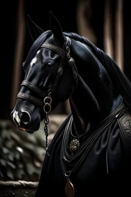 Caballo negro con vestimenta de la época medieval