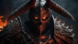 a warrior in a rusty armor with bones sticking out of his chest. his eyes are made of embers surrounded by smoke. he is fighting a demon orcus. dark horror setting. terrifying horror backgrund. blood, guts, gore. visceral.