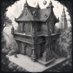 A detailed and whimsical 3d isometric illustration, created in a vintage charcoal style. This creation delves into extraordinary and fantastical architecture, brimming with elaborate details that beckon the observer to explore every nook and cranny. The presence of the figure at the entrance infuses a sense of enigma and storytelling into this fantastical tableau. Perfect for aficionados of fantasy artwork and classic illustration.