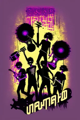 upclose tshirt print of a band,text on print - "Mashup", cool and trendy mix between modern music and 90s funk, selective colors, skeleton shadow figures jamming in the sunset, drums, guitars, fluits, chaotic