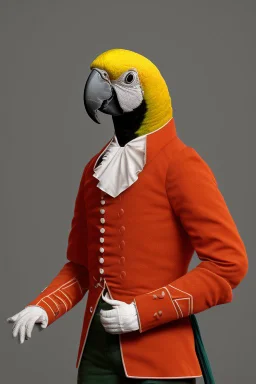 Half parrot half human in a 1700s Orange Dutch uniform in a Dutch cafe