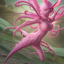 butterfly, highly detailed, pink, rabbit, blood, scythe, Asian woman, leaning pose, full body, squid, intricate detail , plants, wildflower, nest, octopus, fly,