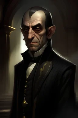 concierge, Butler or gatekeeper of a fantasy Castle in a dark fantasy adventure who will follow the protagonists by stepping out of shadows and giving hints. with a wide jaw, absurdly wrinkly face and very wide, but thin mouth in a grouchy expression, wrinkly large forehead and a cartoonishly large nose and balding, black patchy hair in a style of an old book relief print