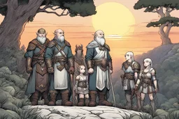 [comics Andrew MacLean style] At the crest of the hill, under the watchful gaze of the setting sun, a motley crew of courageous souls stands assembled. The short bald dwarf healer, his weathered features etched with ancient knowledge, surveys the group with a keen eye. Beside him, the female Elf radiates an aura of forest magic, her eyes alight with the wisdom of the natural world. Opposite the Elf, the female thief from the dark city moves with a grace born of shadows, her pres