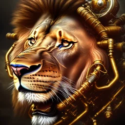 a lion made of steam punk elements, high detail, live, photo, kybernetic