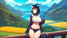 girl on the bridge,open navel, black hair, orange eyes, river, mountain,collar on neck, raccoon ears, raccoon tail, (2: big breasts), rice fields.