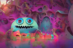 of a colorful lakeside with strange cute friendly creatures with huge eyes, mouth, long tongue and round teeth appearing from the waters, in the style of gehry and gaudi, macro lens, highly detailed, shallow depth of fielf, digital painting, trending artstation, concept art, illustration, cinematic lighting, vibrant colors, photorealism, epic, octane render