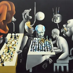 Complex Surgical Instruments,Putin,President Xi jinping,Joe Biden Play Chess with a Newborn Boy,absolute order,black background,surrealism,minimalism,Painting By Adrian Ghenie,Michelangelo,Rene Magritte,Lucian Freud,Salvador Dali,Pablo Picasso