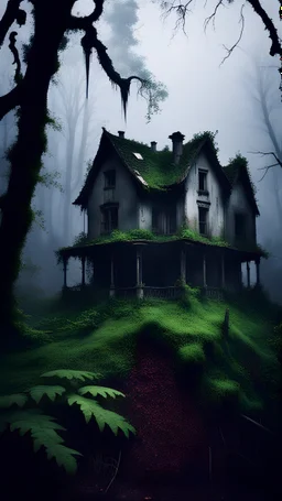 Scary abandoned house in the middle of the forest, thick fog, atmosphere of darkness, overgrown forest, horror, depressing atmosphere