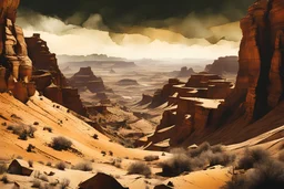 a shattered otherworldly canyon land of twisted wind sculpted forms, arid and windswept harboring the bones of a forgotten civilization, neo surrealism, striking, atmospheric, dreamlike, in the graphic novel style of Dave McKean, photographic collage, watercolor underpainting, cinegraphic realism 4k