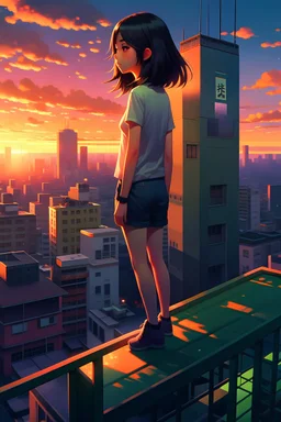 a woman standing on top of a roof next to a tall building, makoto shinkai and artgerm, cgsociety 9, artstyle : ilya kuvshinov, korean artist, artgerm and atey ghailan, masayoshi suto and artgerm, anime style cityscape, digital advanced anime art, by Ilya Kuvshinov