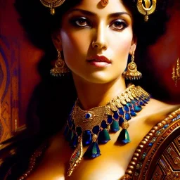 portrait beautiful face queen of Sheba ,busty,medieval metal armor balanciaga fashion clothe painting by gaston bussiere, greg rutkowski, yoji shinkawa, yoshitaka amano, tsutomu nihei, donato giancola, tim hildebrandt, oil on canvas, cinematic composition, extreme detail,fit full head inside picture