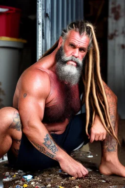 full figure shot frontal photography of a 58 year old dirty burly beefy gipsy carpenter wet sweat , tattoo, bullneck, long curly white beard , dreadlocks, manly chest, short white boxer, bulge, under the sun, sitting in the garbage outside an abandoned warehouse, misery and poverty, open legs, photorealistic, look at camera, very detailed , view from the ground , ambient occlusion