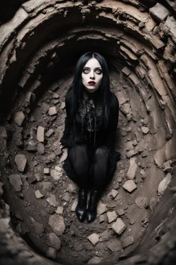 Closeup tall Girl goth with big eyes, ragged clothes, fullbody, claustrophobic really, crushed inside, the perspective looking up from the bottom of an empty well , 8k,macro photography,