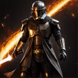 star wars bald male corellian pilot wearing pearlescent black and gunmetal grey First Order special forces heavy assault armor and helmet with gold trim inside the jedi temple, centered portrait, hyperdetailed, dynamic lighting, hyperdetailed background, 8k resolution, volumetric lighting, light skin, fully symmetric details