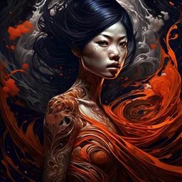 beautiful asian woman, Black ink flow, 8k resolution, photorealistic masterpiece by Aaron Horkey and Jeremy Mann, intricately detailed fluid gouache painting by Jean Baptiste, professional photography, natural lighting, volumetric lighting, maximalist, 8k resolution, concept art, intricately detailed, complex, elegant, expansive, fantastical, cover, orange and chrome tones