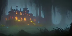 Ruined overgrown small castle in a dense forest, dynamic lighting, night, misty