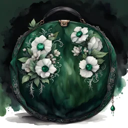 watercolor drawing of a dark Gothic green round bag with emeralds and flowers and white lace, on a white background, Trending on Artstation, {creative commons}, fanart, AIart, {Woolitize}, by Charlie Bowater, Illustration, Color Grading, Filmic, Nikon D750, Brenizer Method, Side-View, Perspective, Depth of Field, Field of View, F/2.8, Lens Flare, Tonal Colors, 8K, Full-HD, ProPhoto RGB, Perfectionism, Rim Lighting, Natural Lighting, Soft Lighting, Accent Lighting, Diffraction Grading, With Impe
