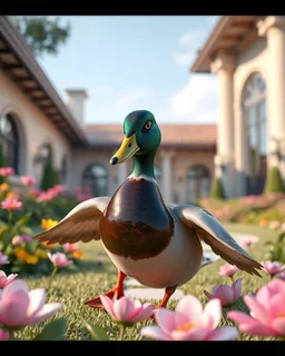 Generate image: Generate image: Generate image: A macro 3D render of a cute, lovely mallard with dark green neck ,made of translucent, glossy,colored jelly material. is landing in yard of a luxury villa next to flowers ,subsurface scattering and gelatinous texture . High-quality CGI, octane render, 8k resolution, whimsical, adorable, clean composition. long shot ,4:3