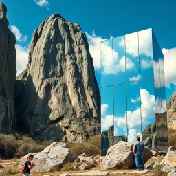 Un'immagine di un paesaggio naturale con marmi verdi altissimi, imponenti, accanto a strutture artificiali verticali. Questi blocchi rettangolari di vetro riflettente, che creano un contrasto tra il naturale e l'artificiale. Cielo blu intenso.. Persona osserva. La scena trasmette un senso di dialogo tra elementi organici. Dettagli degli specchi e delle rocce molto accentuati. Nuvole