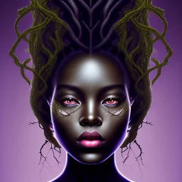 Painting .the face of A young black woman. A wood nymph emerging from the forest. Her hair looks like vines. Dreadlocs. Her skin is the colour of dark soil. Her skin looks like tree bark. Her clothing is made of vines, grass and leaves.