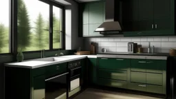 kitchen with dark green furniture, on the left side by the window from the bottom up, a microwave and an oven installed in the furniture, and on the right side and next to it an induction hob and a cooker hood above it, on the right side there is a sink and a dishwasher underneath it