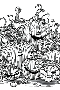 A spooky pumpkin patch with Jack-o'-lanterns of different sizes and expressions.. Outline, sketch style, only use outline, mandala style, clean line art, white background, no shadows, no clear wall, coloring page.