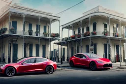 A Tesla 'Model S' is parked, on the streets of New Orleans. (CINEMATIC, WIDE ANGLE LENS, PHOTO REAL)