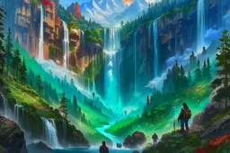 The land of scandinavia, forests, waterfall, travelers on their way, beautiful scenery, 8k, high detail, digital painting, concept art, art by john stephens