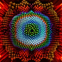 a mandelbulb 3d fractal made of small metallic random color cubes