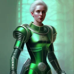 Young Woman as a ruggedly beautiful retro sci-fi space marine in a green pvc outfit, 1985, intricate, elegant, highly detailed, centered, digital painting, artstation, concept art, smooth, sharp focus, illustration, art by artgerm and donato giancola and joseph christian leyendecker, ross tran, wlop