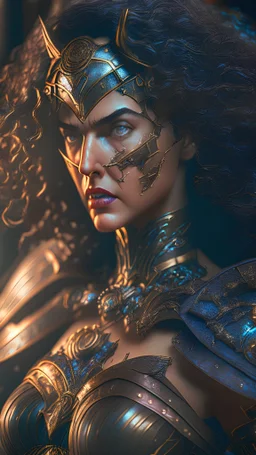 Iconic Wonder Woman, steampunk, noir, curly hair cascading, ultra-detailed armor, stunning portrait, dynamic shot, vivid, richly saturated colors, intricate details, cinematic atmosphere, immersive, global illumination, intricate shadows, reflections, Octane render, hyper-realistic, unparalleled detail, 8K resolution, groundbreaking, epitome of concept art, sharp focus, dynamic angles, intricate textures, breathtakingly mesmerizing, timeless masterpiece, futuristic technology, post-apocalyptic,