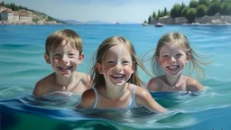 Neoclassicism 2 childeren swimming in the water portret smiling playing the sea realistic cote d'azur painting