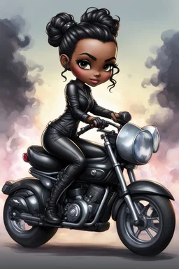 Create a digital airbrush illustration of a chibi cartoon full figure black female riding a sports motorcycle. She is wearing tie dye and black tights with biker boots. Prominent make up with log lashes and hazel eyes. Extremely highly detailed black shiny wavy hair up in a messy bun. Background of smoke surrounding her and the bike and she's at a bike show.