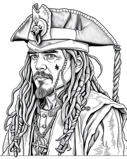 Jack Sparrow Portrait: Create a detailed coloring page featuring the iconic character Jack Sparrow. Ensure intricate details in his clothing, accessories, and facial features for an engaging coloring experience.