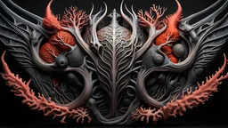 3D rendering of Expressively detailed and intricate of a hyperrealistic “HR Giger adam creation hand”: Dune movie inspired, symmetric, vines cable, scientific, single object, vivid colour, coral, fungi, black background, cosmic fractals, octane render, 8k post-production, dendritic, artstation: award-winning: professional portrait: atmospheric: commanding: fantastical: clarity: 16k: ultra quality: striking: brilliance: stunning colors: amazing depth