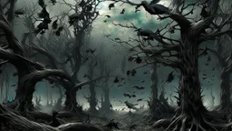 Birds and trees in alternative surreal barren, dry, gloomy world, nightmare in abyss, deep vortex, ,noir, surreal, dark mood, weird dark fantasy, deep dark colors, sharp lines, crepy stunning, high detalied, weird, fog, shadows, realistic, surreal, highly detailed, melancholic thriller mood