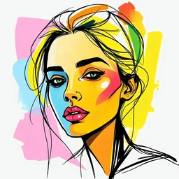 A vibrant abstract artwork of a female portrait with sketchy, minimalist lines and geometric shapes