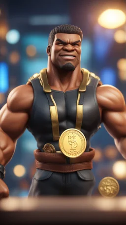 black hunk Abobo from double dragon holding up a dog sized golden coin with a print of himself ,bokeh like f/0.8, tilt-shift lens 8k, high detail, smooth render, down-light, unreal engine, prize winning