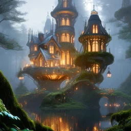 a magical house in the woods, vertical, vines, candlelit, endor, ornate, elegant, highly detailed, digital painting, artstation, concept art, smooth, sharp focus, illustration, 8k, splash art, wallpaper, key visual