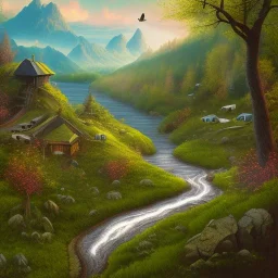 Nature, hills, river, trees, birds flying over mountain,illustration.