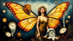 Surrealistic figurative art piece, featuring a woman with butterfly wings and a lion's head, surrounded by floating clocks and melting objects, by Salvador Dali, René Magritte, or Max Ernst. Detailed brush strokes, vibrant colors, dreamlike atmosphere.