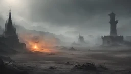 an apocalyptic flat landscape covered in dark gray dust. ancient battle field. skeleton. dragon bones. dark grey mist. bleeding sun. seen from the ground. fantasy, horror. no trees