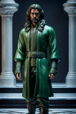 highly detailed jade and marble sculpture of a serene young man with long hair and short beard, full body shot, invisible gloves, , volumetric fog, Hyperrealism, breathtaking, ultra realistic, unreal engine, ultra detailed, cyber background, Hyperrealism, cinematic lighting, highly detailed, breathtaking, stunning environment