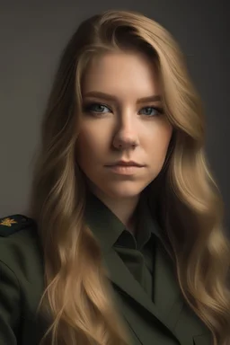 Portrait of Marsha May wearing a military uniform with long hair