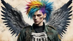 background torn newspaper, beautiful Punk, Angel 35 years old, wings, portrait, military clothing, mystical, bright colors, creative hairstyle, photorealistic image, fine rendering, high detail, 8K