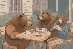 Bear drinking coffee with human friends