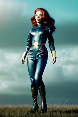 retro portrait image from 1960, sky background, wind, long red hair, fighting stance, sweet young Scarlett Johansson, black dress, classic long tight lycra black suit, gold bracelet and belt, high heel boots, superhero style, soft color, highly detailed, unreal engine 5, ray tracing, RTX, lumen lighting, ultra detail, volumetric lighting, 3d, finely drawn, high definition, high resolution.