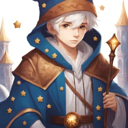 Fantasy World, A boy only wearing a closed wizards robe, and wearing a wizards hat. White Hair. Eyes That Looks Like a Clock.